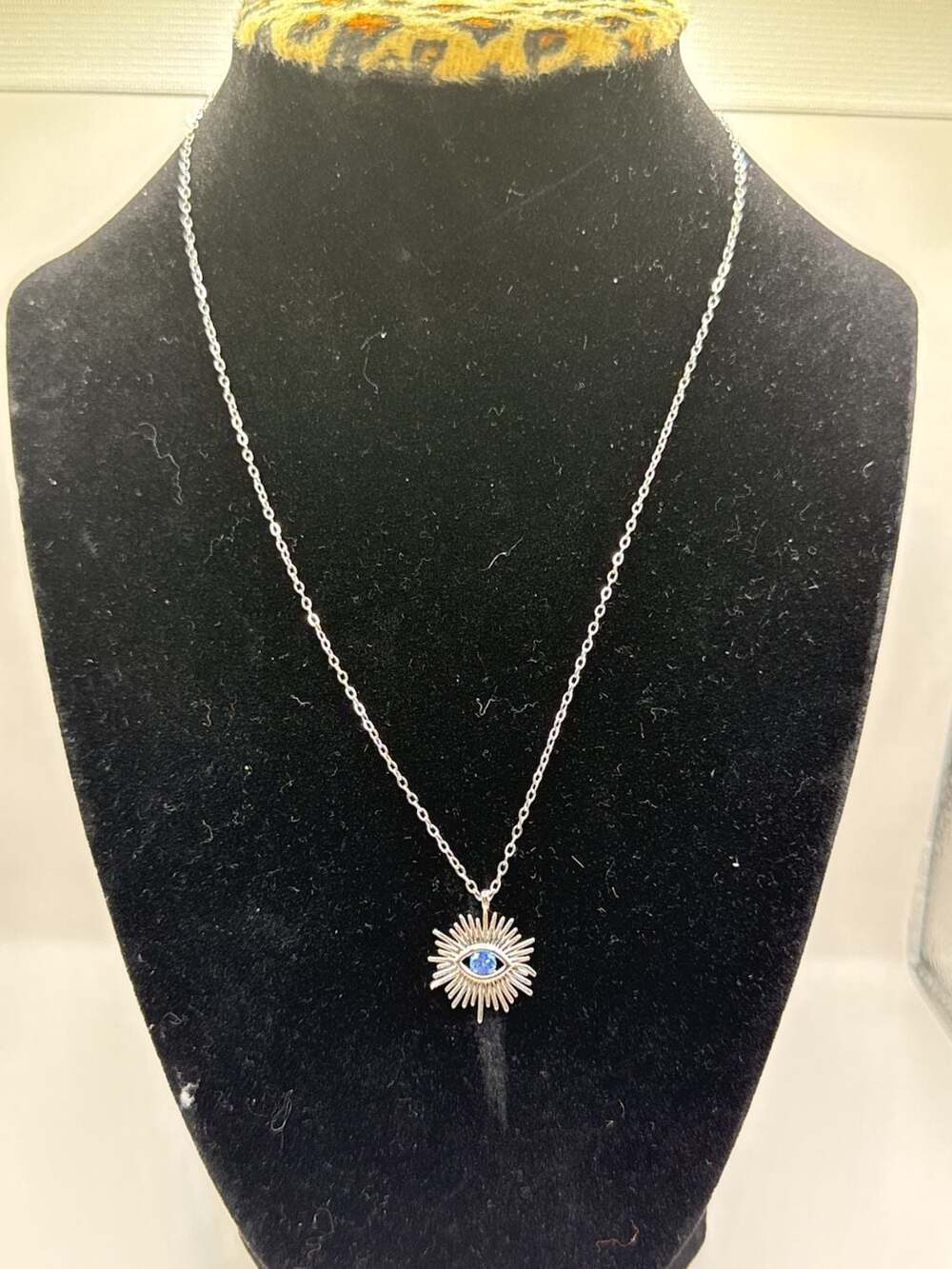 Sunburst Evil Eye Pendant Necklace with Blue Stone Silver Chain